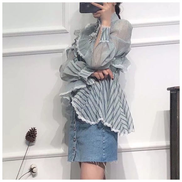 Blue Stripe Sheer Ruffle Runway Top - Picture 8 of 8